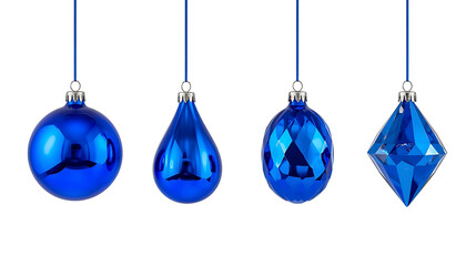 Set of Four Blue Christmas Ornaments PNG with Transparent Background &ndash; Festive Holiday Baubles in Different Shapes, Elegant Winter Decorations for Cards, Crafts, and Digital Design