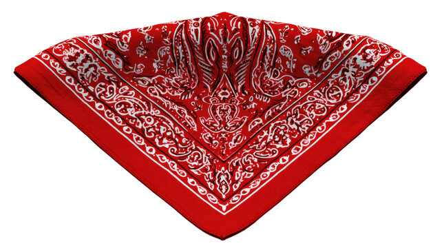 red patterned bandana folded in triangular shape with detailed paisley design isolated on white background