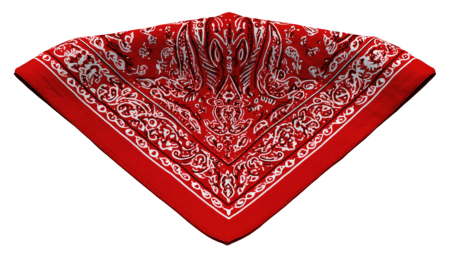 red patterned bandana folded in triangular shape with detailed paisley design isolated on white background
