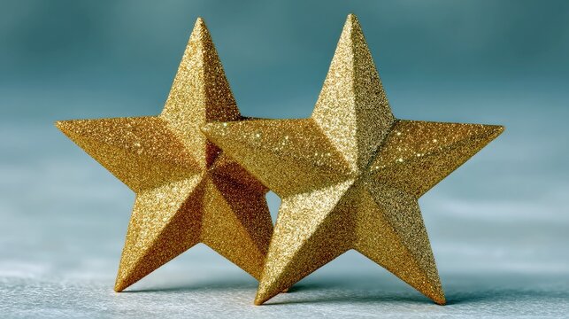 Two glittery golden stars stand side-by-side against a muted blue-gray background. The stars are detailed and textured, creating a sparkling effect. - Powered by Adobe