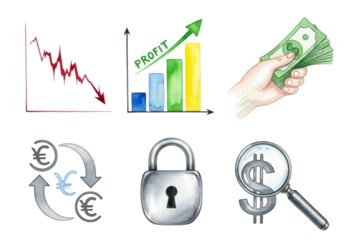 Financial growth and security: profit increase, currency exchange, investment concepts