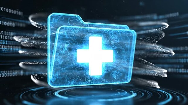 Medical folder icon glowing blue hologram with cross symbol, digital health data and futuristic technology concept featuring virtual healthcare information system, binary code and circular data - Powered by Adobe