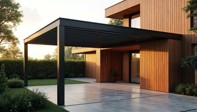 Modern house with sleek black metal pergola, concrete patio. Natural wood siding contrasts with stone elements. Green garden surrounds elegant minimalist dwelling with large glass windows reflecting