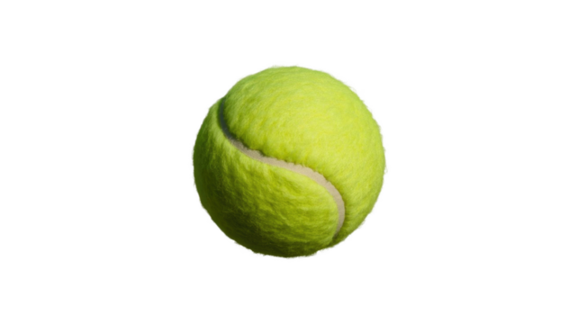 A vibrant, fuzzy yellow-green tennis ball with its distinct white seam, perfectly centered, ideal for sports graphics and designs. background removed
