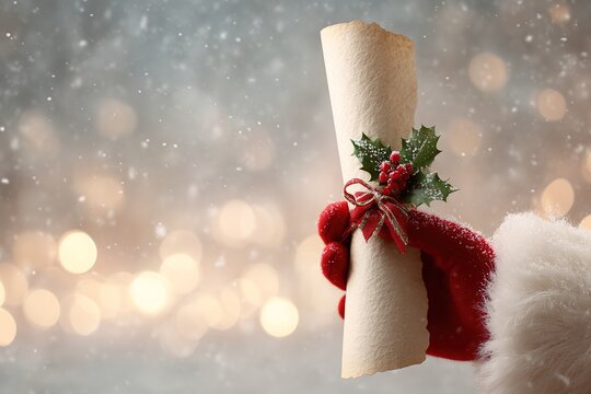 Santa's hand red mitten holding vintage scroll festive decorations holly berries string blurred winter background snow bokeh lights - Powered by Adobe