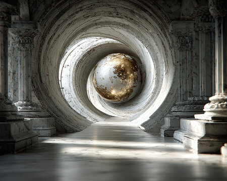 Spherical Portal An Architectural Perspective on a Golden Orb Amidst a Swirling, Ornate Passage - Powered by Adobe