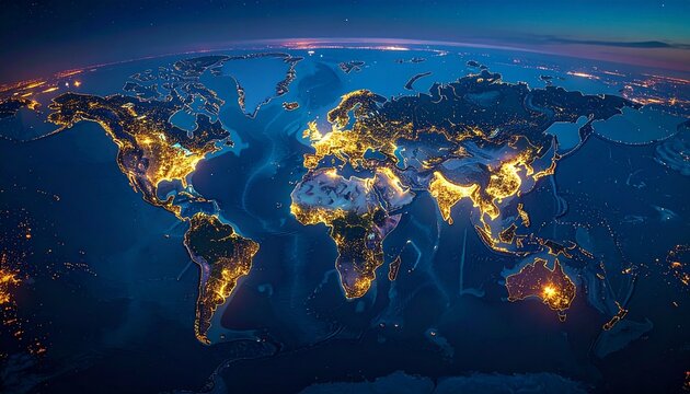 Stunning view of world map illuminated by city lights, showcasing vibrant energy of urban areas across continents, contrast between land and ocean highlights interconnectedness of global cities