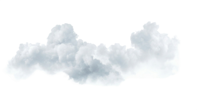 A single isolated white cloud with fluffy texture floating against a black background in the sky on transparent background.