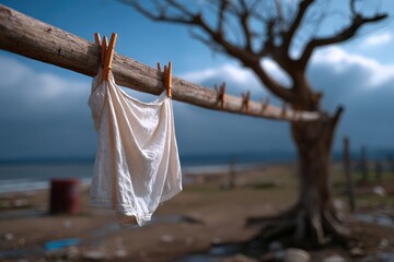 A poignant image of a lone piece of white laundry hanging on a wooden line evokes themes of simplicity, daily life, and the unnoticed beauty of home, set against a stark natural backdrop.