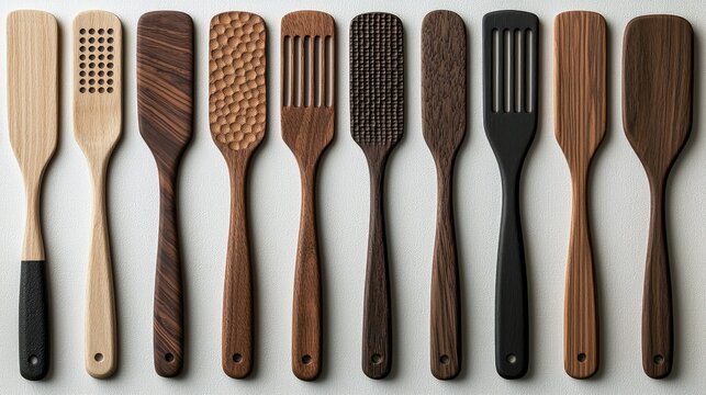 A collection of wooden spatulas with different designs and finishes are arranged in a row against a white background.