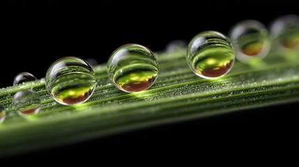 Macro Shot of Dewdrops Reflecting Green and Gold on Blade of Grass.