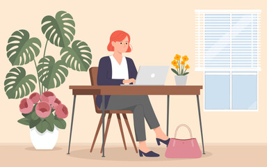 A stylish depiction of a woman focused on her laptop in a contemporary office, surrounded by plants and bright decor, symbolizing productivity and modern work-life balance.