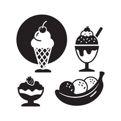 Black and white vector icons of various cold sweet ice cream desserts.