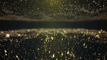 water drops on a glass Golden particles drift over a landscape, warm gold tones, wide abstract composition, serene dreamy mood