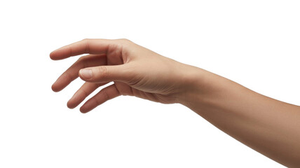 A human hand with slightly bent fingers extends, appearing to reach or gently hold an invisible object, isolated for clear display. background removed