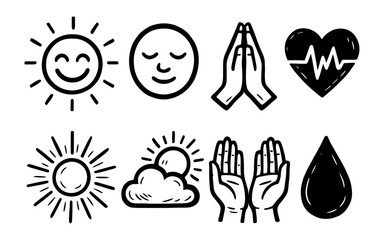 Fototapeta premium Hand-drawn icons: sun, meditation, prayer, heartbeat, weather, and wellness symbols