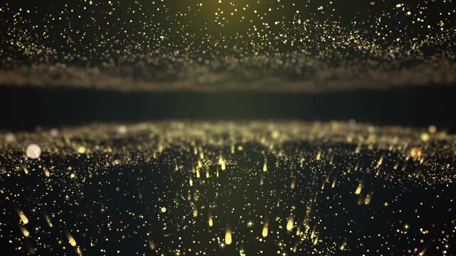 water drops on a glass Golden particles drift over a landscape, warm gold tones, wide abstract composition, serene dreamy mood