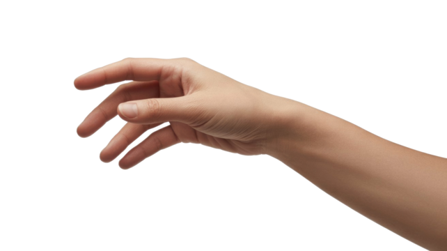 A human hand with slightly bent fingers extends, appearing to reach or gently hold an invisible object, isolated for clear display. background removed