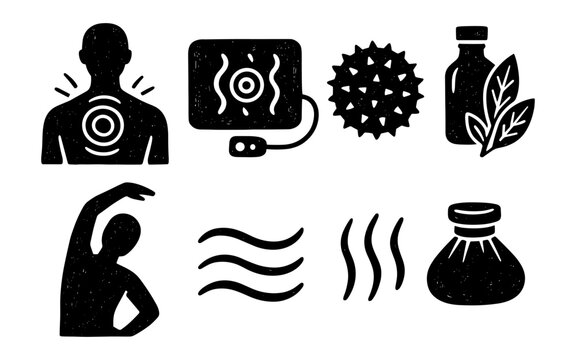 Holistic pain relief: icon set for therapy and relaxation techniques