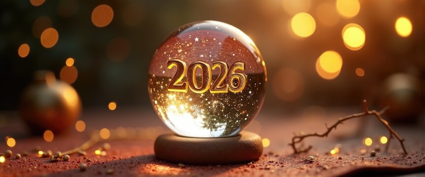 Crystal ball with floating 2026 numerals on dark Holiday backdrop, mystical future vision