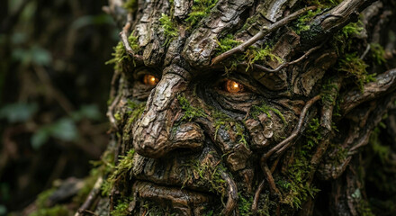 Obraz premium Leshy forest spirit face made of bark and moss