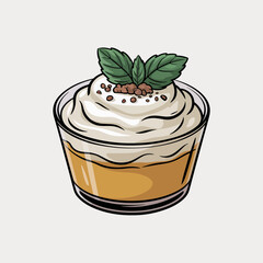 A delectable dessert served in a glass, topped with creamy whipped cream and fresh mint leaves, offers a delightful treat that tantalizes taste buds and pleases the senses.