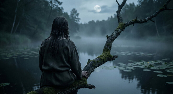 Pale Rusalka sitting on tree branch over dark river