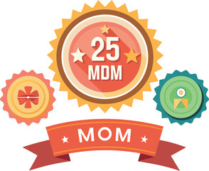 Vector collection of 25 mom day badges round emblems ribbon seals for celebrations