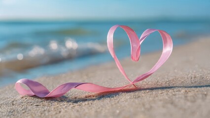 Romantic beach scene with pink ribbon heart for valentine day inspiration