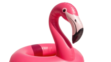 A close-up of a vibrant pink inflatable flamingo pool float, ready for summer fun and tropical relaxation. Isolated on a transparent background. background removed