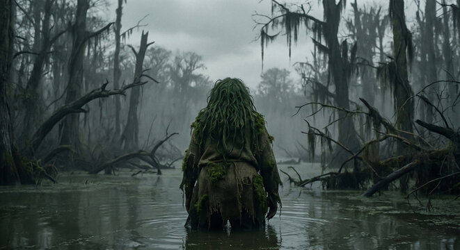 Hunchbacked Kikimora standing in misty swamp rear view