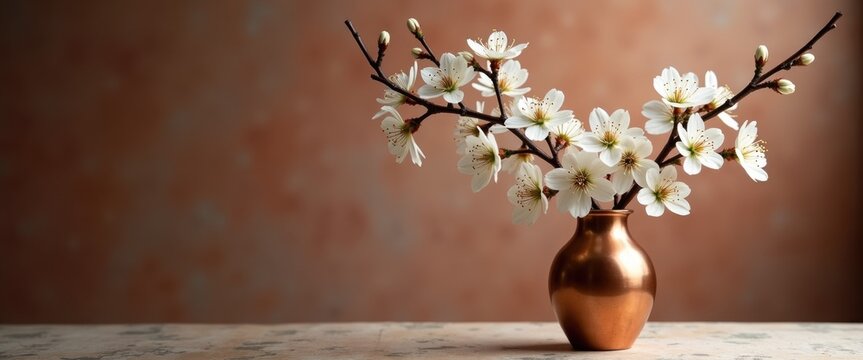 Lebanese almond blossom branch in copper vase, spring hope and beauty symbol. Middle Eastern new year traditions