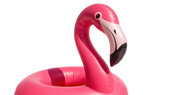 A close-up of a vibrant pink inflatable flamingo pool float, ready for summer fun and tropical relaxation. Isolated on a transparent background. background removed