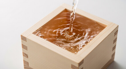 Pouring sake into a traditional wooden masu cup creates an inviting and authentic cultural moment for celebrations and culinary experiences