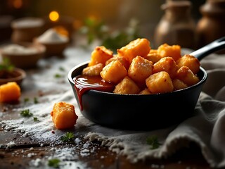 Golden fried cheese curds in a cast iron skillet with dipping sauce.