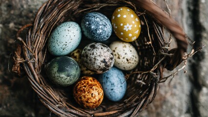 Obraz premium Colorful easter eggs in rustic nest for holiday decoration and celebration