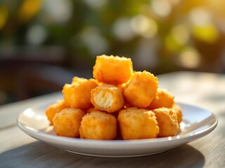 Pile of golden fried cheese curds on a white plate, outdoors.