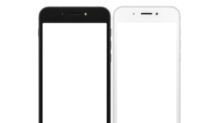 Side-by-side black and white generic smartphones with blank screens for UI/UX app design mockups. Isolated on a dark transparent background. background removed