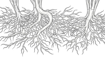 Detailed black and white line drawing of intricate tree roots spreading horizontally, showcasing a complex underground network.