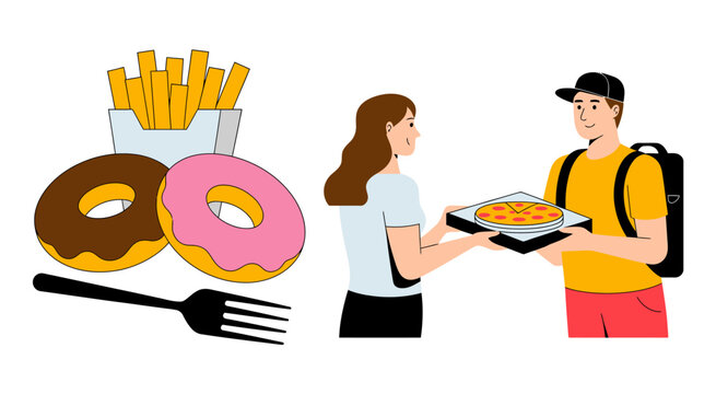 A vibrant and appetizing illustration showcasing fast food staples including donuts and pizza, perfect for food delivery services or restaurant advertisements.