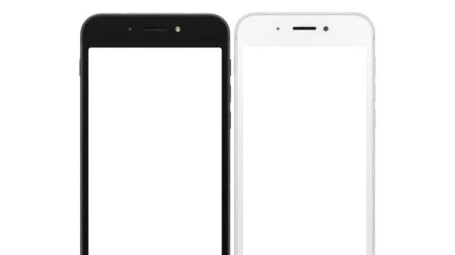 Side-by-side black and white generic smartphones with blank screens for UI/UX app design mockups. Isolated on a dark transparent background. background removed