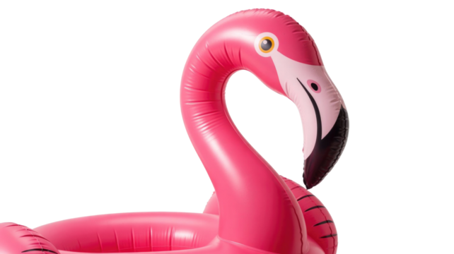 A vibrant pink inflatable flamingo pool float, ready for summer fun, presented against a clean transparent background, perfect for a tropical vibe. background removed