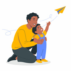 A father and child gleefully interact as they fly a paper plane, symbolizing love, playfulness, and the joy of shared moments in an engaging family activity setting.