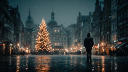Solitary new year evening in snowy city square with lit christmas tree