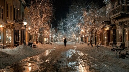 Solitary walk on snowy street during new year celebration in winter wonderland scene