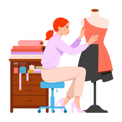 A concentrated fashion designer is tailoring a stylish dress on a mannequin in her bright studio, highlighting creativity and passion in the fashion design process.