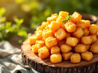 Golden fried tofu cubes piled on a wooden board, outdoors.