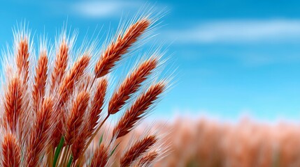 Close-up of wheat field with a blue sky background on a sunny day.