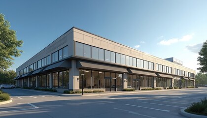 Obraz premium Modern commercial building with large windows and awnings. Empty parking lot and green trees surround the structure. Clear blue sky overhead. Building is sleek and new.