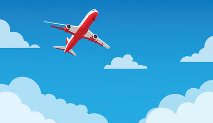 Soaring Red Airplane Ascending Through Fluffy Clouds on a Bright Day